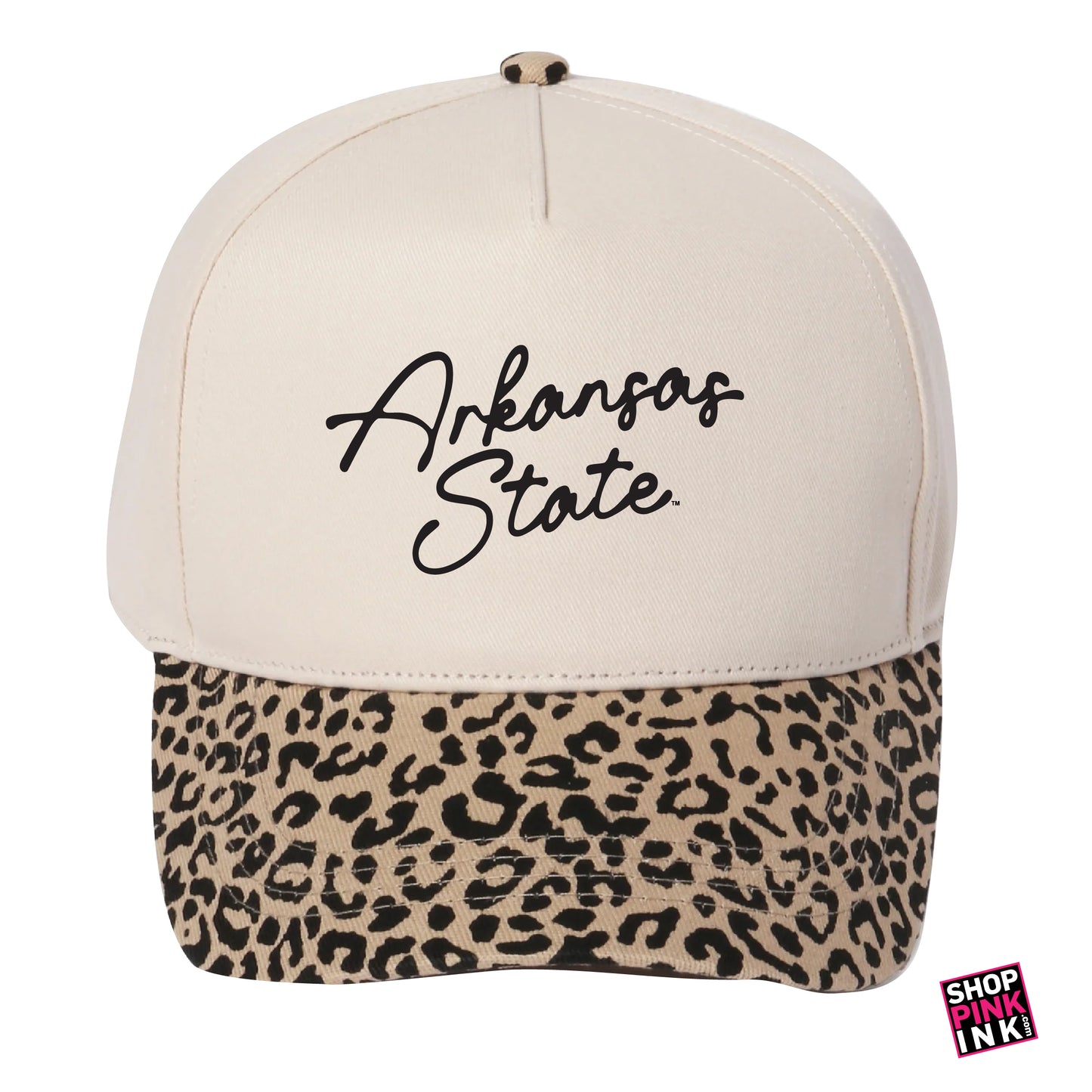 Cap with 'Arkansas State' text and leopard print brim on a white background