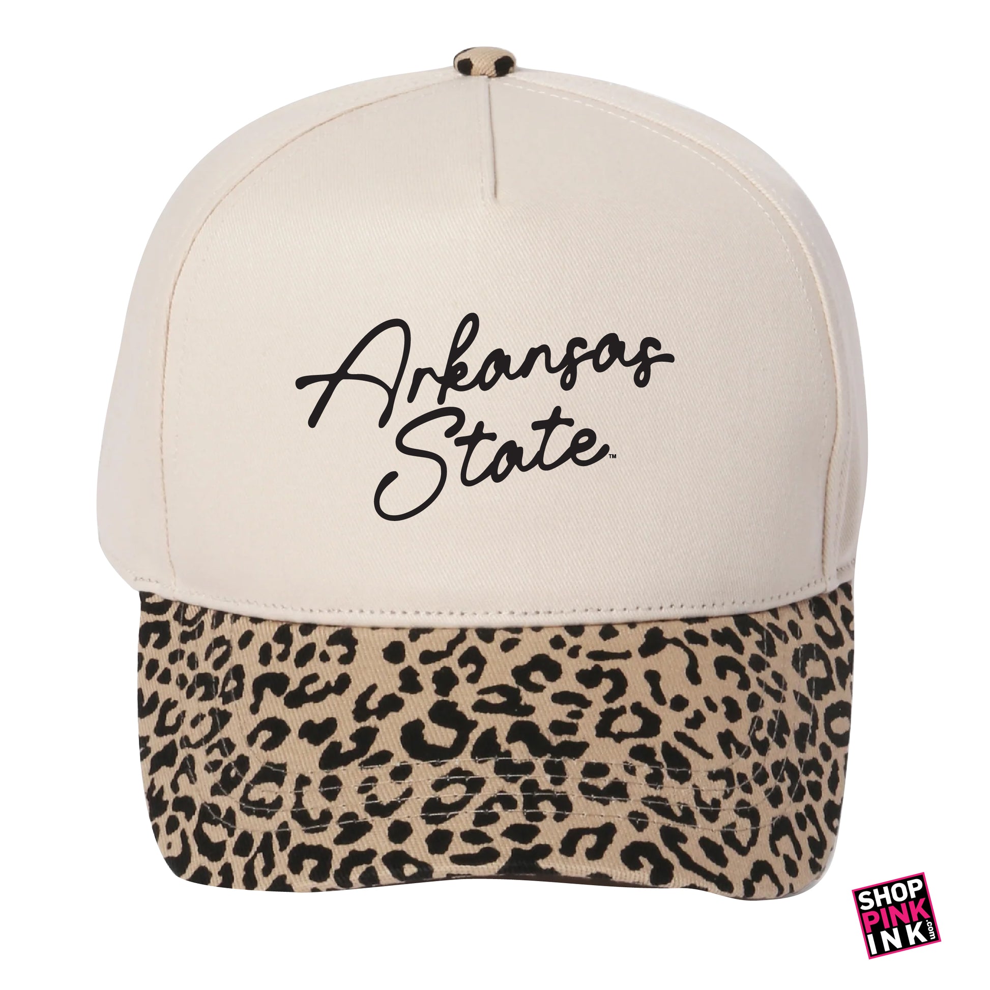 Cap with 'Arkansas State' text and leopard print brim on a white background
