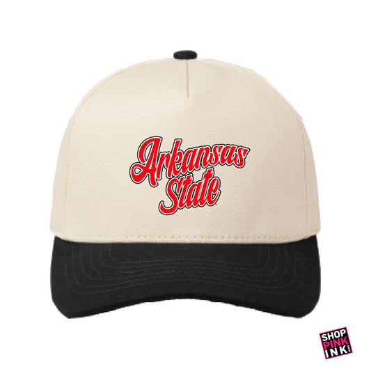 Beige and black cap with 'Arkansas State' text on a white background