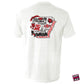 A white crew neck t-shirt with a graphic print in red and black colors on the back, featuring text and an illustration related to Arkansas State University, Centennial Bank Stadium and The Pines.