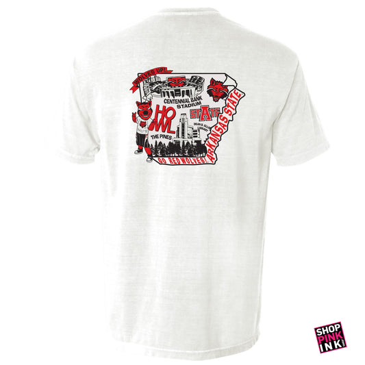A white crew neck t-shirt with a graphic print in red and black colors on the back, featuring text and an illustration related to Arkansas State University, Centennial Bank Stadium and The Pines.